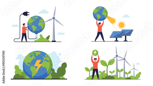 Collection of illustrations showing different ways to harness renewable energy like wind and solar power to protect the earth and environment.