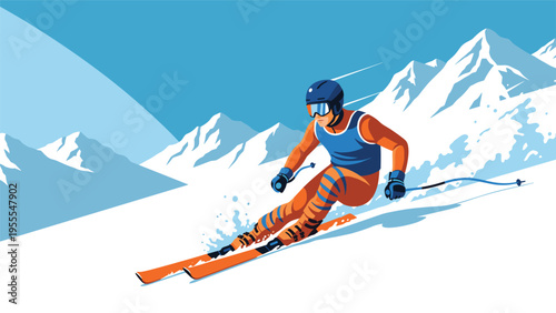 Professional alpine skier dressed in an orange suit speeds down a steep snowy mountain slope during a sunny day in a beautiful winter resort.