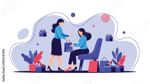 Friendly retail assistant hands a blue shopping bag to a customer sitting in a chair surrounded by various luxury gift boxes and new shoes.
