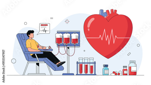 Young man sits in a medical chair to donate blood while a giant heart graphic with a pulse line appears next to various blood bags and vials.