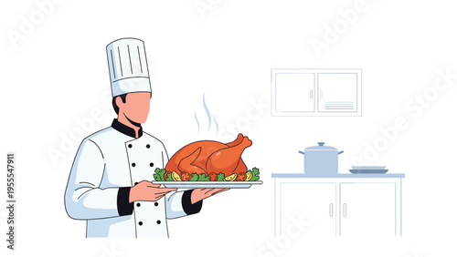 Professional male chef wearing a white uniform and hat presents a perfectly roasted turkey on a large platter in a clean modern kitchen area.