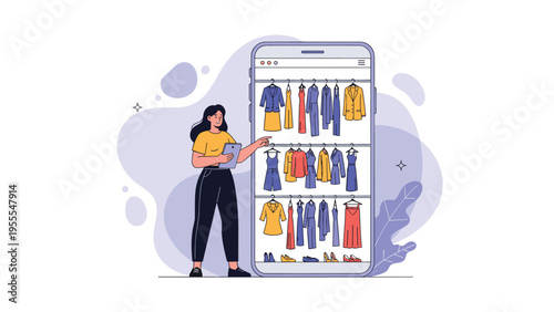 Young woman uses her digital tablet to browse through a wide variety of clothing items displayed on a giant smartphone screen for online shopping.