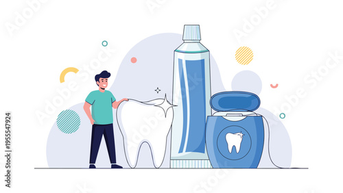 Young man stands next to giant dental care supplies including a shiny tooth, a tube of toothpaste, and a container of dental floss for health.