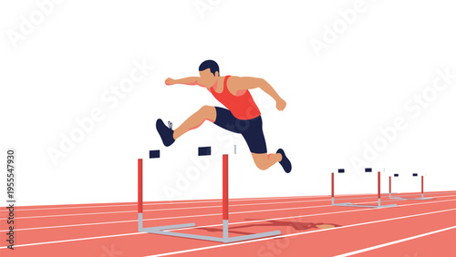Determined male athlete in a red tank top jumps over hurdles on a running track during a competitive sports event.