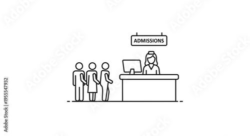 Admissions desk with people in line, customer service, registration, and reception concept