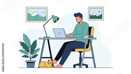 Man works on a laptop at a home desk with a cat sleeping under the table and beautiful mountain paintings on the wall.