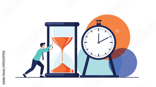 Focused businessman stands next to a giant hourglass and a large clock to illustrate concepts of time tracking and efficient project management.