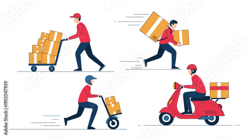 Group of delivery workers use different methods such as scooters and hand trucks to transport cardboard boxes to customers quickly and safely.