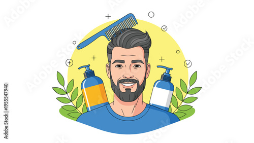 Smiling handsome man with a well groomed beard and hair is surrounded by essential male grooming products like shampoo bottles and a comb.