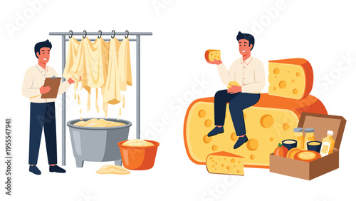 Skilled cheesemaker monitors the production of traditional cheese while another man sits on a giant block of cheese to celebrate the product.