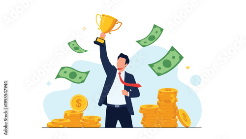 Successful businessman in a suit holds a golden trophy high above his head while coins and banknotes fall all around him to celebrate a win.