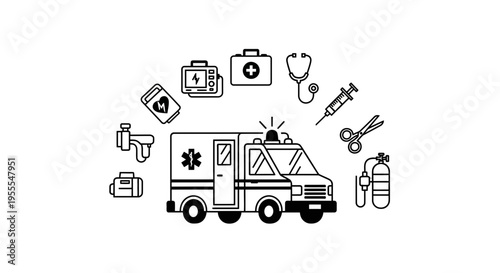 Ambulance and Medical Equipment Icon Set: Emergency Care and Healthcare Symbols