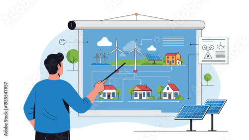 Professional man uses a pointer to explain a complex diagram of a sustainable renewable energy system for homes during a business presentation.