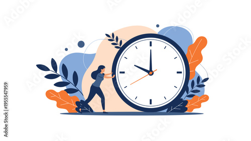 Determined woman pushes a giant analog clock across a flat surface to represent the struggle of time management and meeting difficult deadlines.
