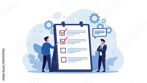 Two businessmen stand next to a giant checklist on a clipboard while one marks completed tasks with a pen to track project progress and goals.