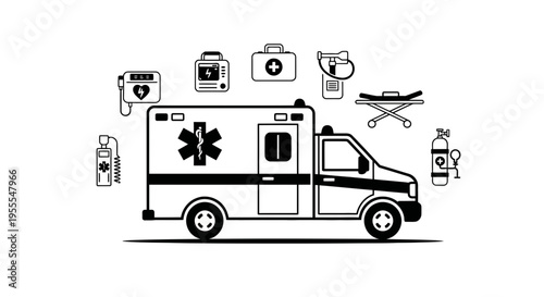 Ambulance and Medical Equipment Icons: Emergency Healthcare Service Concept
