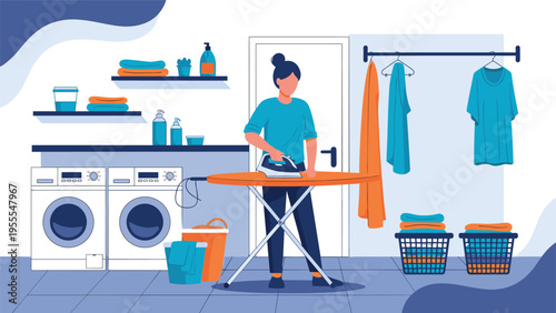 Diligent woman ironing colorful clothes in a well-equipped laundry room with washing machines and organized shelves in the background.
