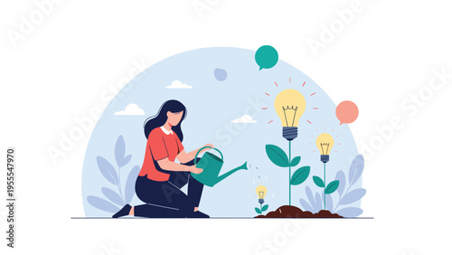 Creative woman watering light bulb plants in a garden representing the growth of innovative ideas and sustainable green energy solutions.