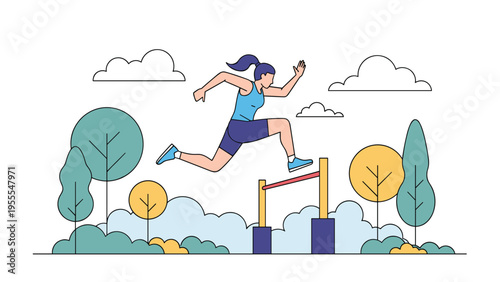 Determined female athlete jumping over a hurdle while running in a beautiful park setting with green trees and blue sky.
