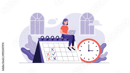 Freelance woman working on her laptop while sitting on a large calendar next to a clock representing time management and deadlines.