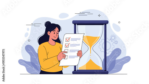Organized woman checking tasks on a document next to a large hourglass representing efficient time management and meeting deadlines.