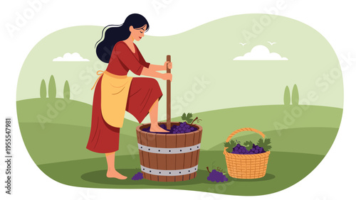 Young woman in traditional clothing crushing purple grapes with her feet in a wooden barrel to make wine in a rural landscape.