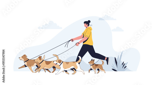 Active young woman in a yellow hoodie walks four different dogs of various breeds on leashes through a park against a simple blue background.