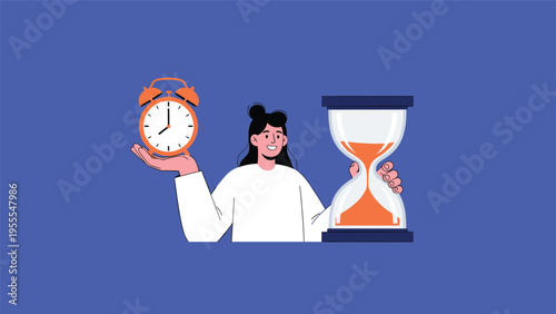 Smiling woman holding an alarm clock and an hourglass against a blue background representing time control and scheduling efficiency.