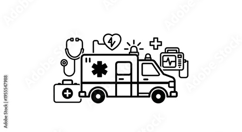 Ambulance and Medical Equipment Icons: Emergency Medical Services, Healthcare, and First Aid