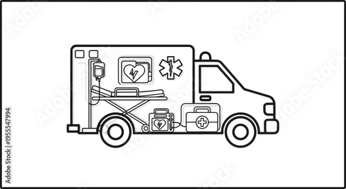 Ambulance Interior Line Art: Medical Equipment, Stretcher, IV Drip, Defibrillator