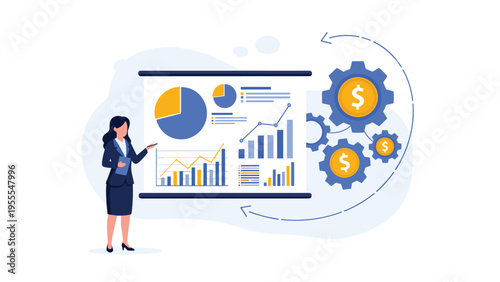 Businesswoman presenting financial data on a whiteboard with growth charts and rotating gears representing profit and economic process.
