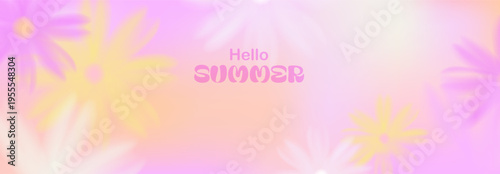 Blurred spring, summer flowers. Macro flowers. Pink, yellow soft colors. Blurry landscape with plants. Design for card, invitation, cover, post. Place for text.