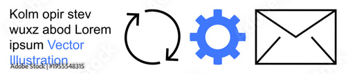 Workflow, communication, processes, email settings, system automation, data management. Black arrow, blue gear and envelope icons. Workflow and communication concept