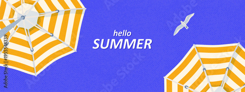 Summer vector illustration. Beach vacation concept. Blue sky, stripped umbrellas, seagull. Retro style.