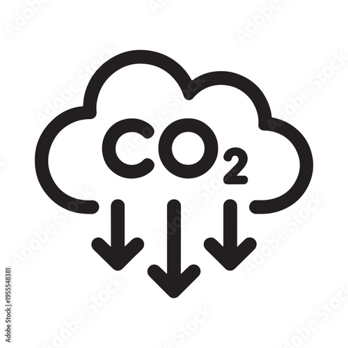 Carbon dioxide emissions icon a cloud shape with CO2 and downward arrows
