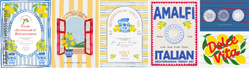Mediterranean Italian Amalfi. Vector aesthetic illustrations of lemons, a window with shutters, vase, ceramics, a frame, a striped pattern, dishes and a plate for an invitation, poster, template, card