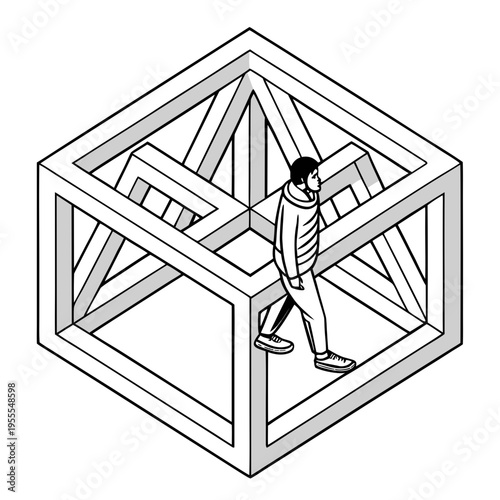 Vector illustration of a man trapped in a maze cube