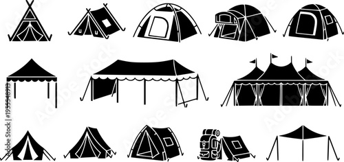 Collection of diverse tent and canopy icons for outdoor events and camping adventures
