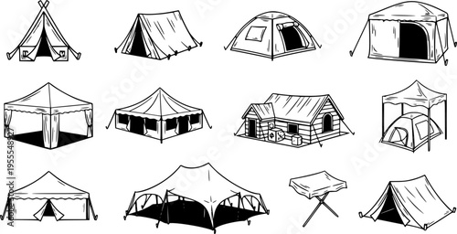 Collection of diverse tent and canopy icons for outdoor events and camping adventures
