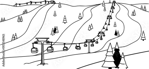 A colorful cartoon depicts a ski resort with snowy slopes, evergreen trees, and ski lifts

