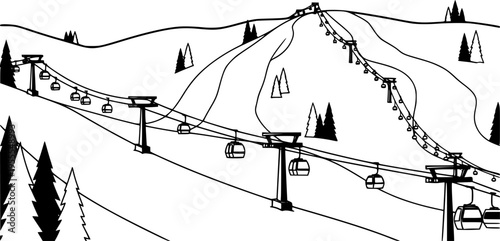 A colorful cartoon depicts a ski resort with snowy slopes, evergreen trees, and ski lifts
