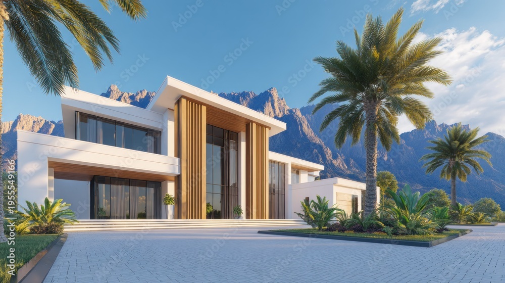 Fototapeta premium Modern villa with large windows, palm trees, and mountains under a clear blue sky