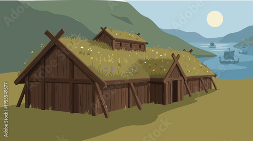 An ancient Nordic longhouse with a green grass roof stands by a fjord, with Viking ships sailing under a serene sky. Historical settlement illustration