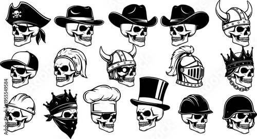 Skull Head Silhouette Set wearing Hats Helmets and Accessories for Mascot Design
