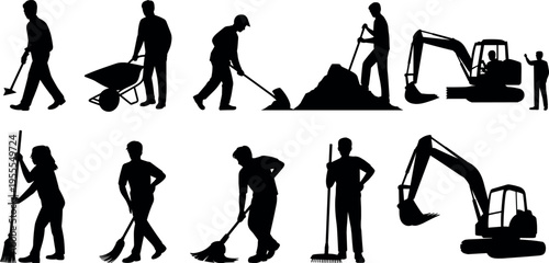 Construction worker silhouettes collection set, builders digging sweeping and operating excavator machines in industrial job poses isolated on white 