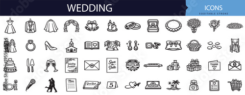 Romantic wedding ceremony icon set bundle featuring rings dress and cake for modern marriage celebration design resources