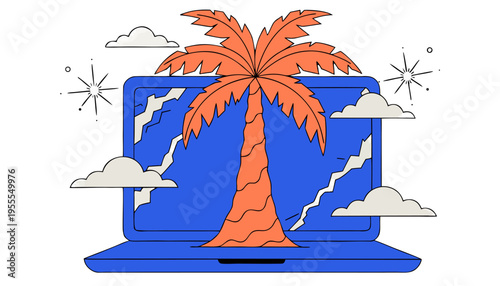 Tropical Palm Tree Growing Out of Laptop Screen Symbolizing Remote Work Freedom and Digital Nomad Lifestyle on Transparent Background