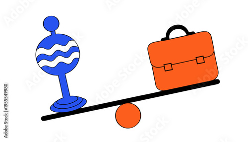 Balanced Seesaw with Baby Rattle and Briefcase Representing Working Parent Struggle Isolated on Transparent Background