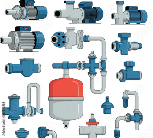 Industrial pump and pipeline equipment set flat vector illustration collection mechanical plumbing system components modern engineering design elements isolated