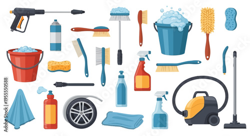 Car cleaning tools collection with sprayer bucket vacuum and brush